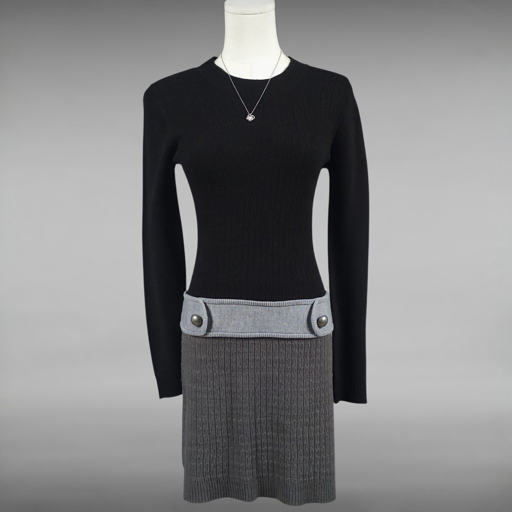 Preppy Goth Colorblock Pleated Sweater Dress Faux Belt Grey Black Womens S